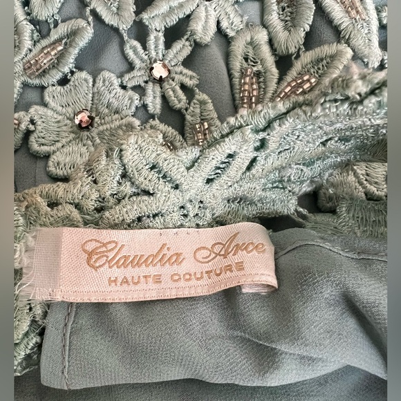 Light Blue Floral Lace Spaghetti Straps Slip Dress with Crystal Beaded Fringe. - Picture 7 of 8